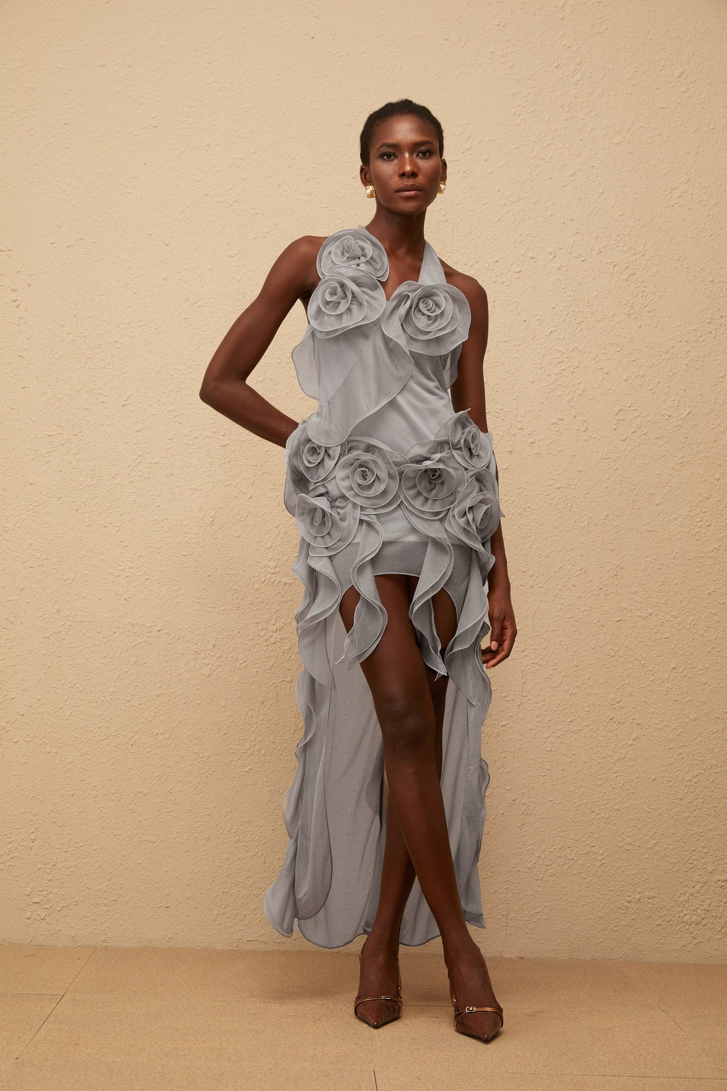 Hannabella Grey Asymmetrical Ruffled Floral Mini Dress