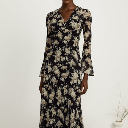Hannah black floralprint flared midi dress