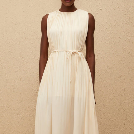Hannah Midi Dress in Luxurious Neutrals with Tied Waist and Pleating for Upscale Occasions