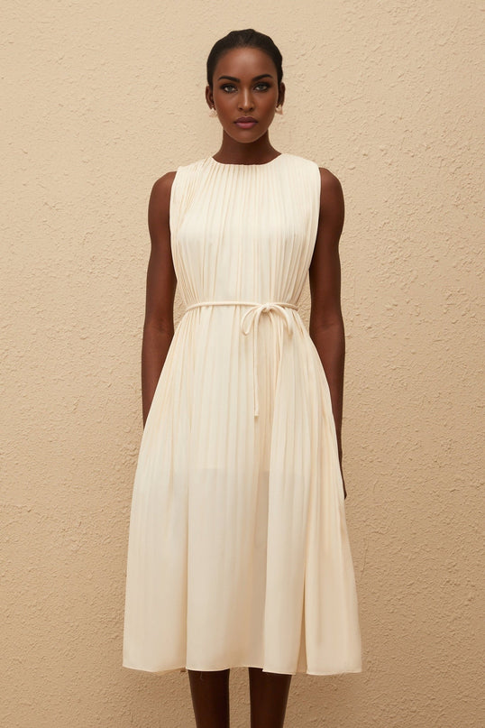 Hannah Midi Dress in Luxurious Neutrals with Tied Waist and Pleating for Upscale Occasions