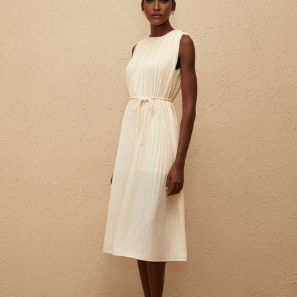 Hannah Midi Dress in Luxurious Neutrals Terylene Fiber Round Neck Sleeveless Design Tied Waist Full Pleating Calf-Length Slip-On Style