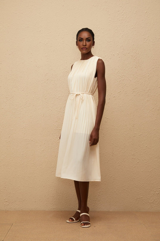 Hannah Midi Dress in Luxurious Neutrals Terylene Fiber Round Neck Sleeveless Design Tied Waist Full Pleating Calf-Length Slip-On Style