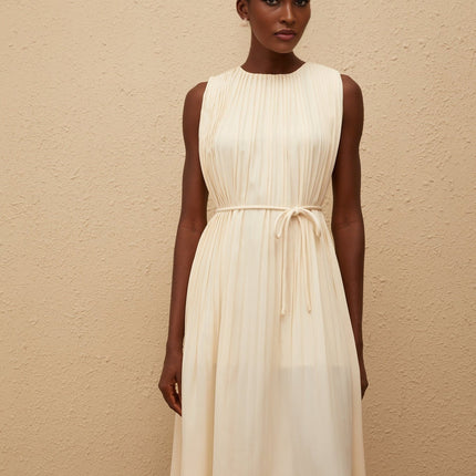 Hannah Midi Dress in Luxurious Neutrals Tied Waist Sleeveless Round Neck Calf-Length Pleating 100% Terylene Fiber Slip-On Style Elegant Sophisticated Versatile Chic Statement of Sophistication