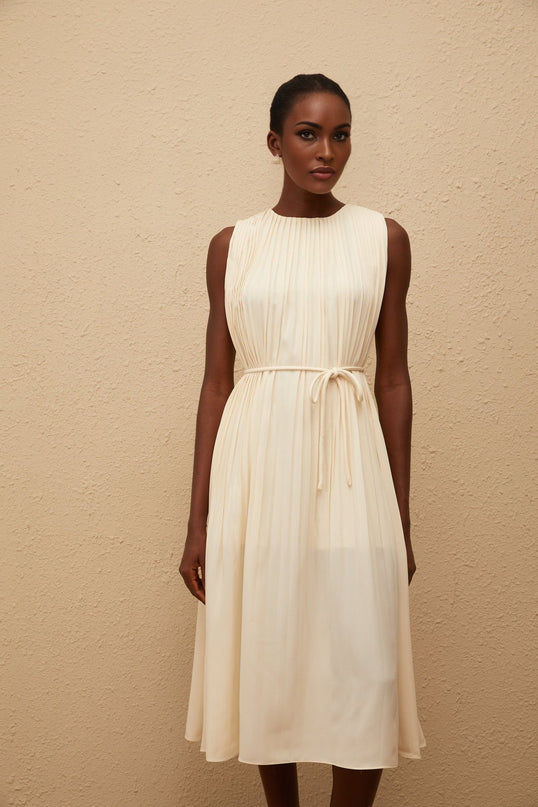 Hannah Midi Dress in Luxurious Neutrals Tied Waist Sleeveless Round Neck Calf-Length Pleating 100% Terylene Fiber Slip-On Style Elegant Sophisticated Versatile Chic Statement of Sophistication