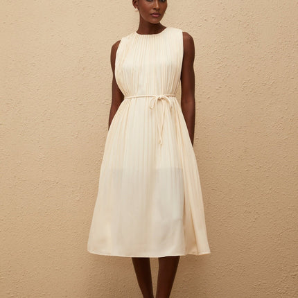Hannah Midi Dress in Luxurious Neutrals Tied Waist Round Neck Sleeveless Calf-Length Pleating 100% Terylene Fiber Slip-On Style Elegant Sophistication