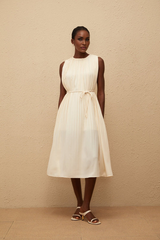 Hannah Midi Dress in Luxurious Neutrals Tied Waist Round Neck Sleeveless Calf-Length Pleating 100% Terylene Fiber Slip-On Style Elegant Sophistication