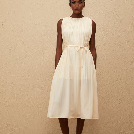 Hannah Midi Dress in Luxurious Neutrals Sleeveless Round Neck Tied Waist Calf-Length Pleating 100% Terylene Fiber Slip-On Style Elegant Sophistication