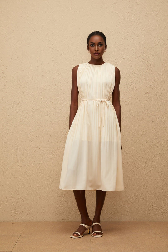 Hannah Midi Dress in Luxurious Neutrals Sleeveless Round Neck Tied Waist Calf-Length Pleating 100% Terylene Fiber Slip-On Style Elegant Sophistication