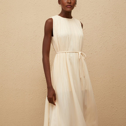 Hannah Midi Dress in Luxurious Neutrals Terylene Fiber Sleeveless Round Neck Tied Waist Calf-Length Pleating Slip-On Style Elegant Sophisticated