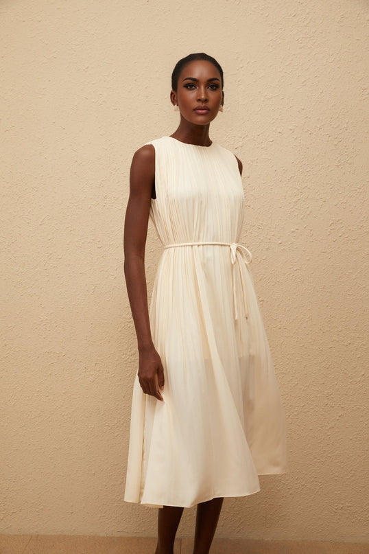 Hannah Midi Dress in Luxurious Neutrals Terylene Fiber Sleeveless Round Neck Tied Waist Calf-Length Pleating Slip-On Style Elegant Sophisticated