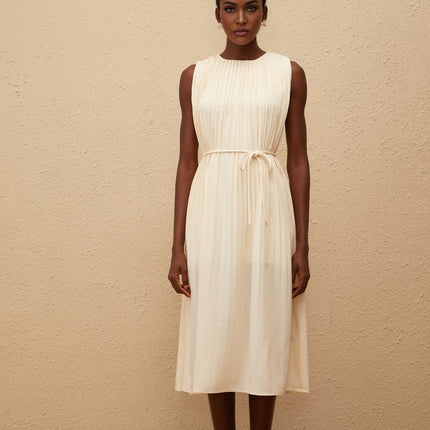 Hannah Neutrals Midi Dress Tied Waist Round Neck Sleeveless Full Pleating Calf-Length 100% Terylene Fiber Slip-On Style