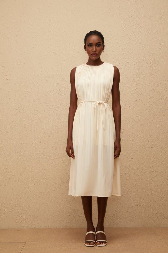 Hannah Neutrals Midi Dress Tied Waist Round Neck Sleeveless Full Pleating Calf-Length 100% Terylene Fiber Slip-On Style