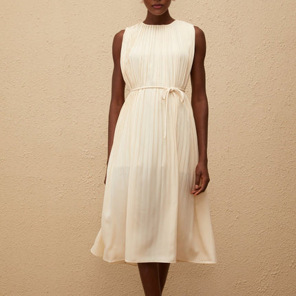 Hannah Neutrals Midi Dress Terylene Fiber Sleeveless Round Neck Tie Waist Calf-Length Pleating Elegant Sophisticated Chic