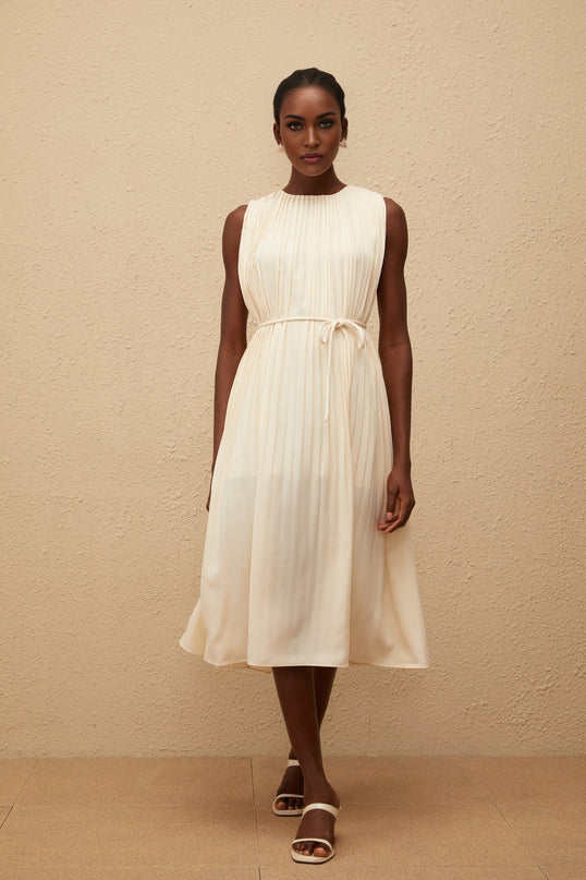 Hannah Neutrals Midi Dress Terylene Fiber Sleeveless Round Neck Tie Waist Calf-Length Pleating Elegant Sophisticated Chic