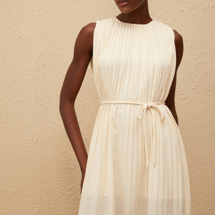 Hannah Neutrals Sleeveless Tied Waist Midi Dress 100% Terylene Fiber