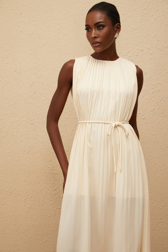 Hannah Neutrals Sleeveless Tied Waist Midi Dress 100% Terylene Fiber