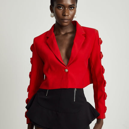 Hannah Red Crop Blazer with Bow Tie Embellishment