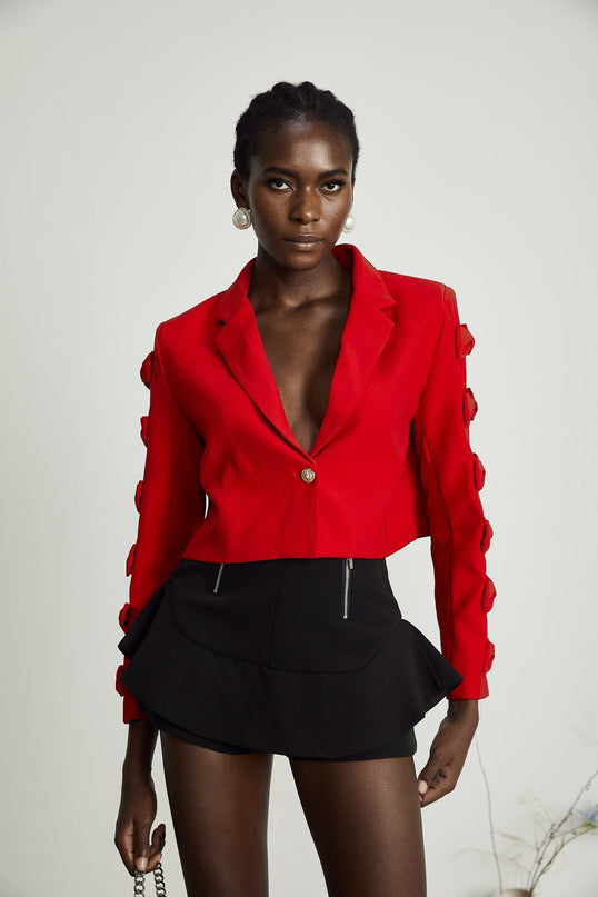 Hannah Red Crop Blazer with Bow Tie Embellishment
