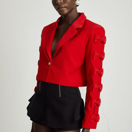 Hannah Red Crop Blazer with Bow Tie Embellishment