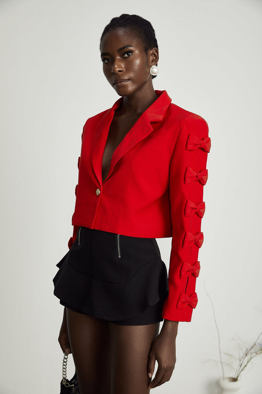 Hannah Red Crop Blazer with Bow Tie Embellishment