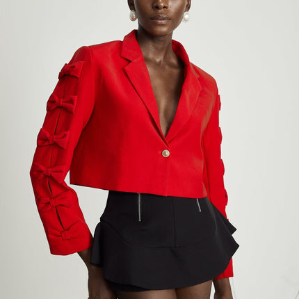 Hannah Red Crop Blazer with Bow Tie Embellishment