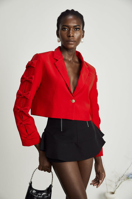 Hannah Red Crop Blazer with Bow Tie Embellishment