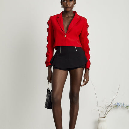 Hannah Red Crop Blazer with Bow Tie Embellishment