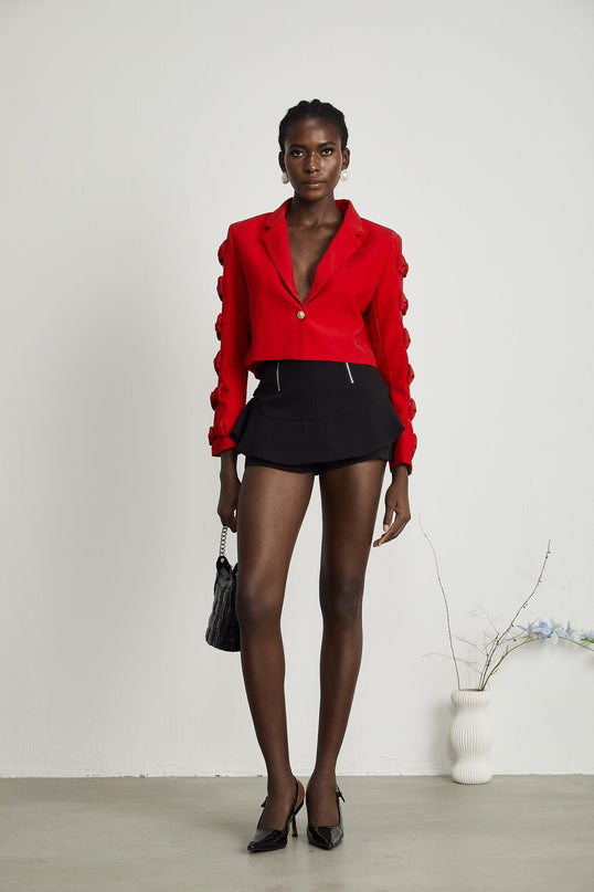 Hannah Red Crop Blazer with Bow Tie Embellishment
