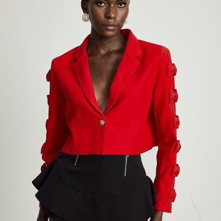 Hannah Red Crop Blazer with Bow Tie Embellishment