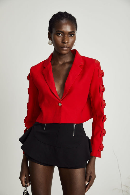 Hannah Red Crop Blazer with Bow Tie Embellishment