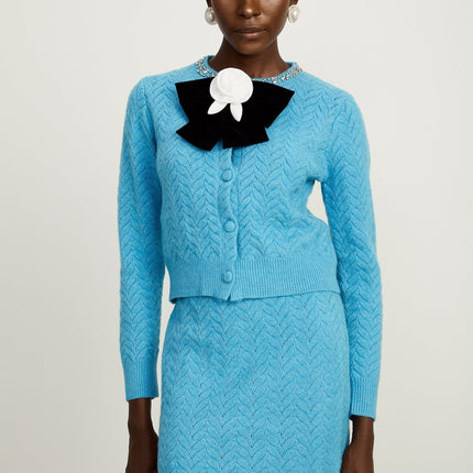 Harleigh Blue Cardigan Skirt Knit Set with Crystal Embellishments
