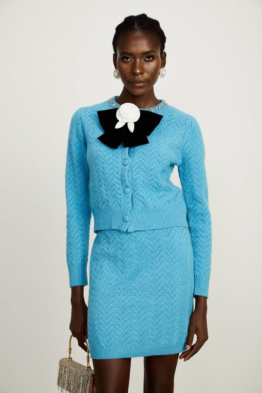 Harleigh Blue Cardigan Skirt Knit Set with Crystal Embellishments