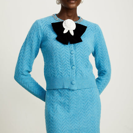 Harleigh Blue Cardigan and Skirt Knit Set with Crystal Embellishments