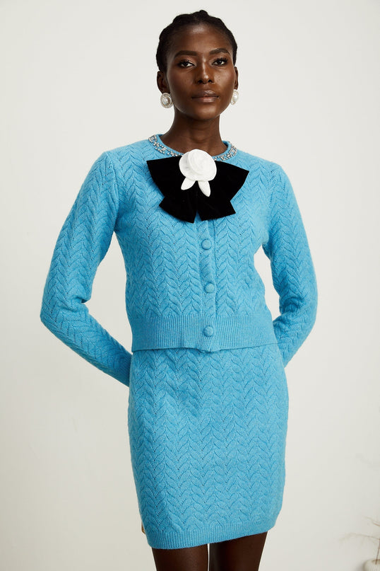 Harleigh Blue Cardigan and Skirt Knit Set with Crystal Embellishments