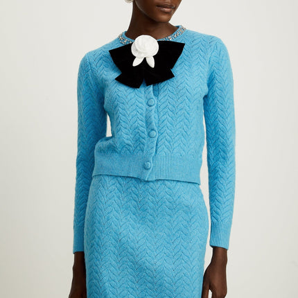 Harleigh Blue Cardigan and Skirt Knit Set with Crystal Embellishments