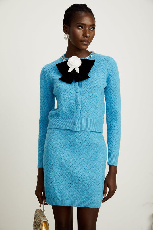 Harleigh Blue Cardigan and Skirt Knit Set with Crystal Embellishments