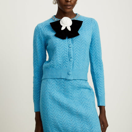 Harleigh Blue Cardigan and Skirt Knit Set with Crystal Embellishments