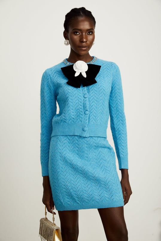 Harleigh Blue Cardigan and Skirt Knit Set with Crystal Embellishments