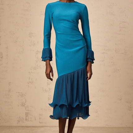 Harleigh Blue Midi Dress with Ruffled Trim Panel and Cinched Waist in Luxurious Terylene Fiber and Spandex Blend