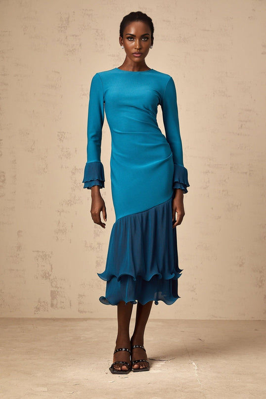 Harleigh Blue Midi Dress with Ruffled Trim Panel and Cinched Waist in Luxurious Terylene Fiber and Spandex Blend