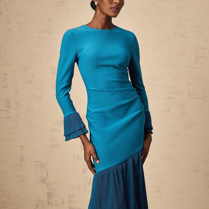 Harleigh Blue Ruffle Trim Midi Dress