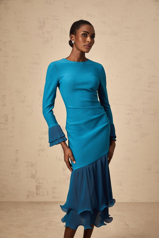 Harleigh Blue Ruffle Trim Midi Dress