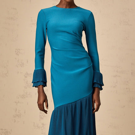 Harleigh Blue Ruffled Trim Midi Dress