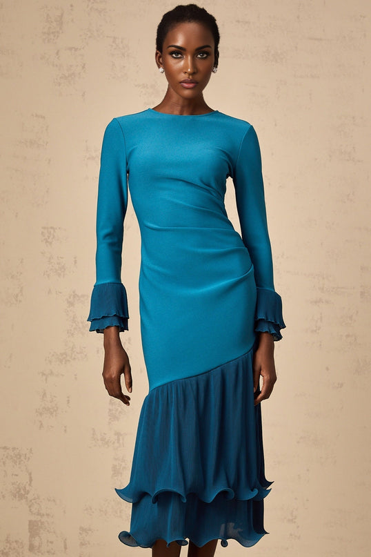 Harleigh Blue Ruffled Trim Midi Dress