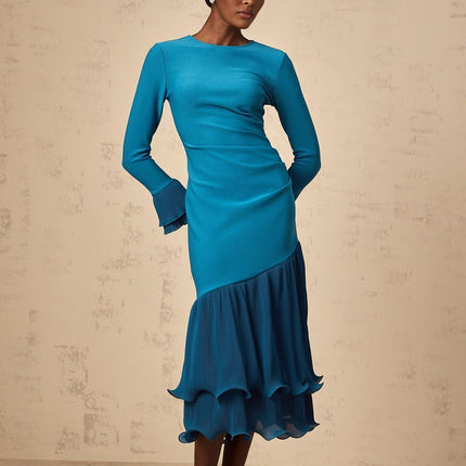 Harleigh Blue Ruffled Trim Midi Dress