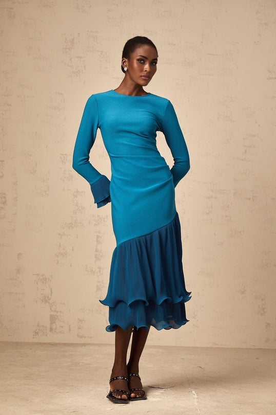 Harleigh Blue Ruffled Trim Midi Dress