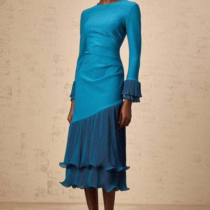 Harleigh Blue Ruffled Trim Midi Dress