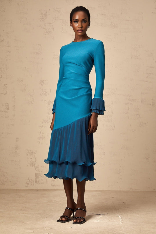 Harleigh Blue Ruffled Trim Midi Dress