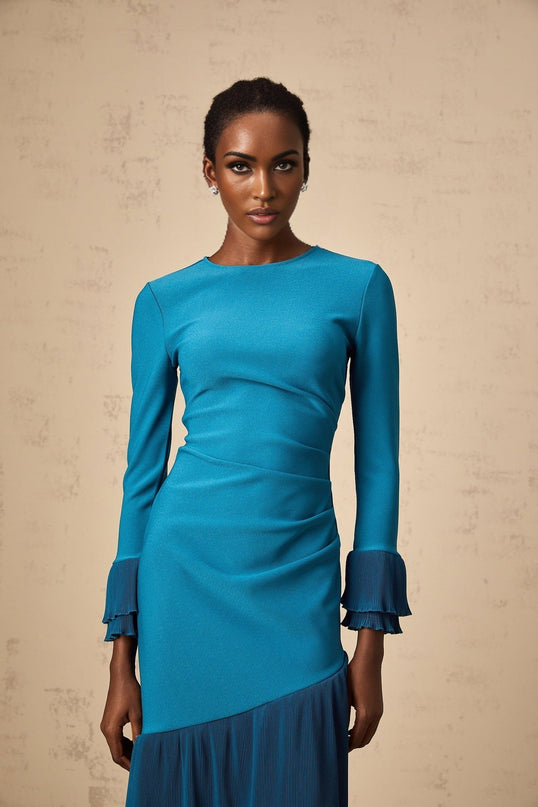 Harleigh Blue Ruffled Trim Midi Dress