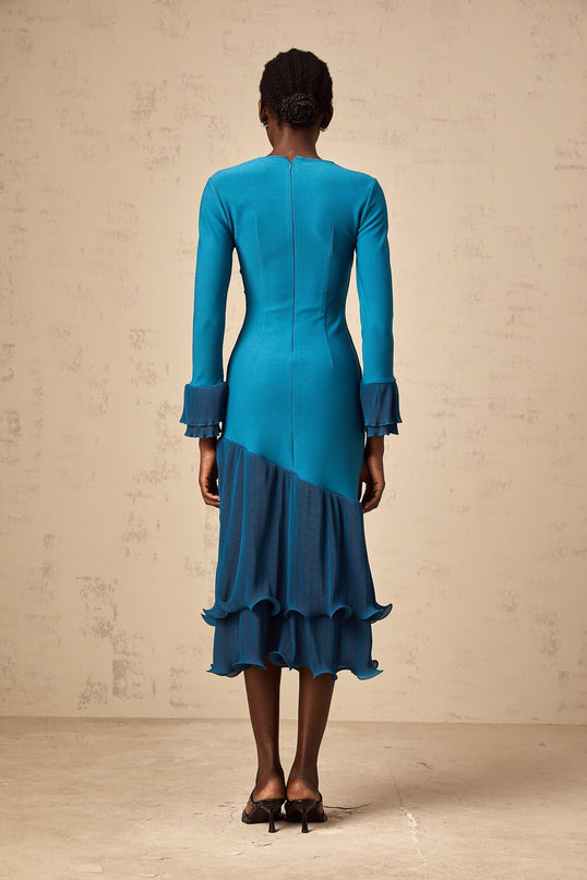 Harleigh Blue Ruffled Trim Midi Dress